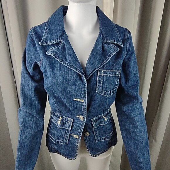 True Religion Jackie Blue Denim Jean Jacket With Raw Hem Sleeves Size Small - Picture 2 of 10